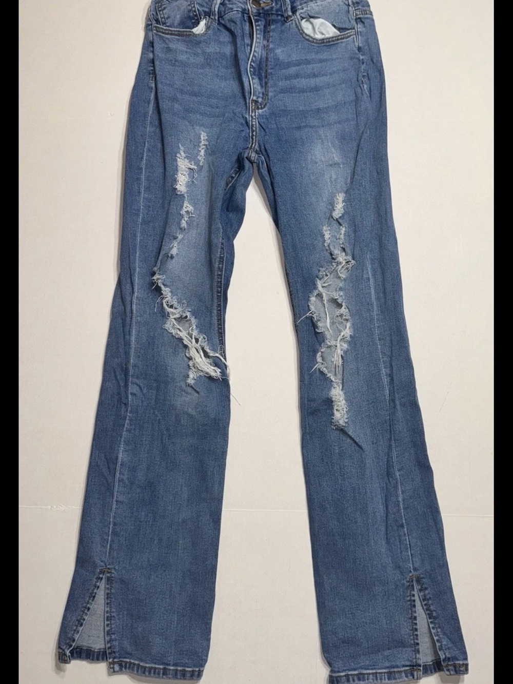 Fashion Nova Distressed Blue Flare Jeans with Front Slit